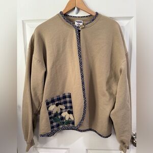 Jerzees Tan Quilt Detail Grandma Cardigan with Plaid Trim Cottage Prarie